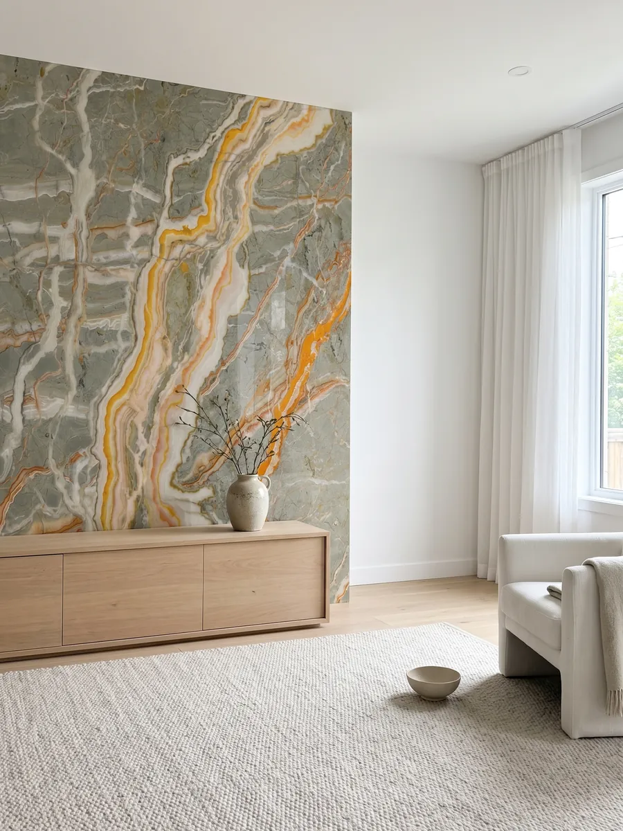 Accent wall clad in Rainbow onyx above a low wooden cabinet: gray-green crossed by branching orange and yellow veins