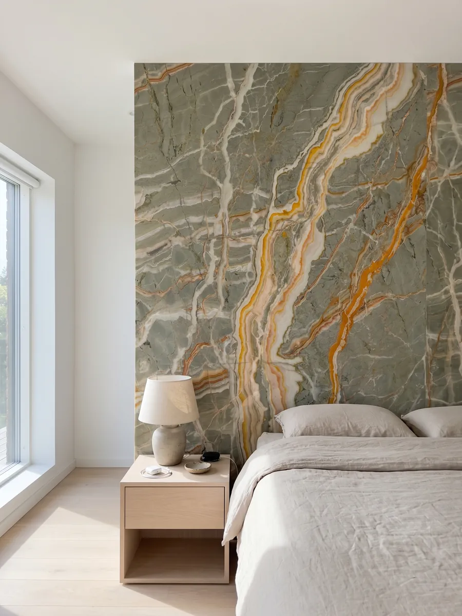 Bedroom headboard wall clad in Rainbow onyx with nightstands: gray-green crossed by branching orange and yellow veins