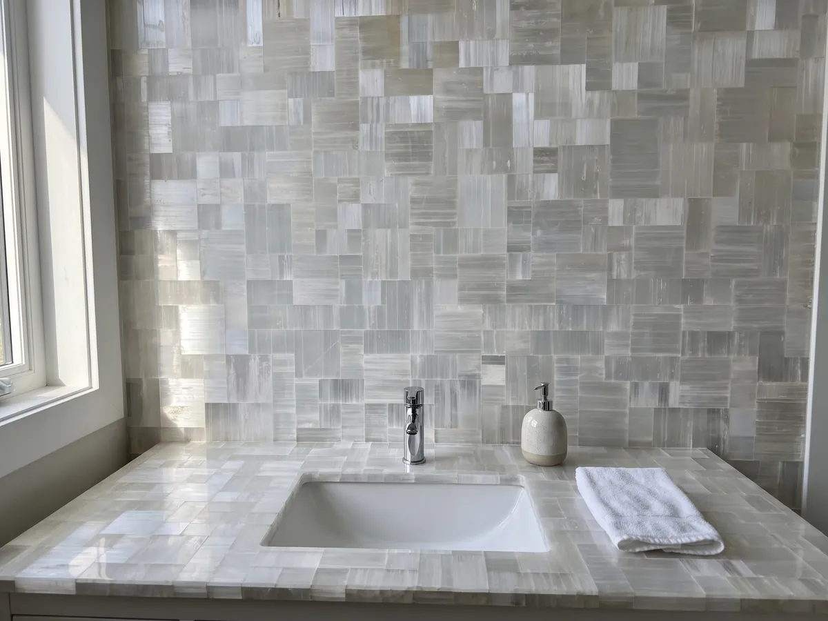 Vanity top and bathroom wall in Selenite with a white sink and chrome faucet: rectangular white and gray pieces with fibrous striations and a silky shine