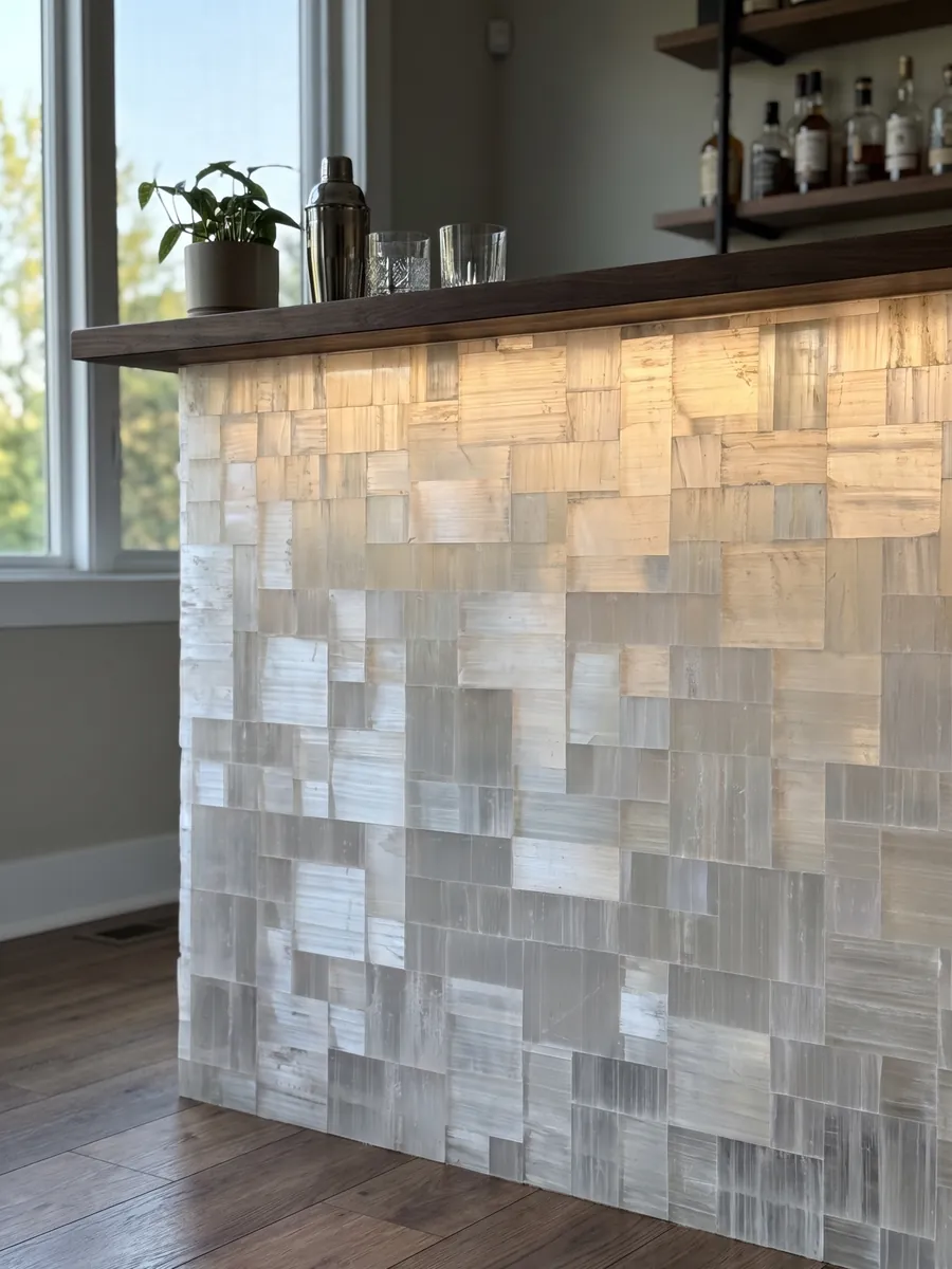Bar with a backlit Selenite front, the light passing through the stone: rectangular white and gray pieces with fibrous striations and a silky shine
