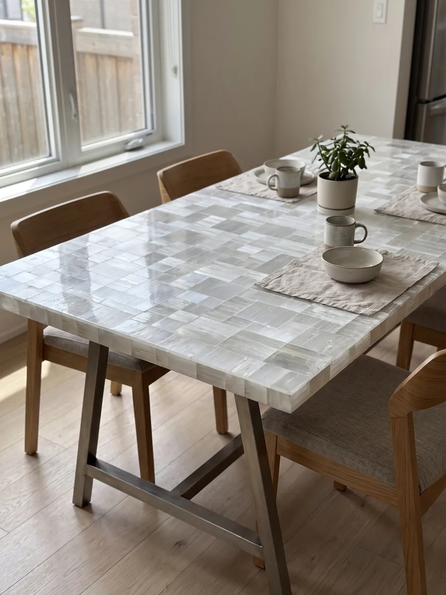 Dining table with a Selenite top on a steel base: rectangular white and gray pieces with fibrous striations and a silky shine