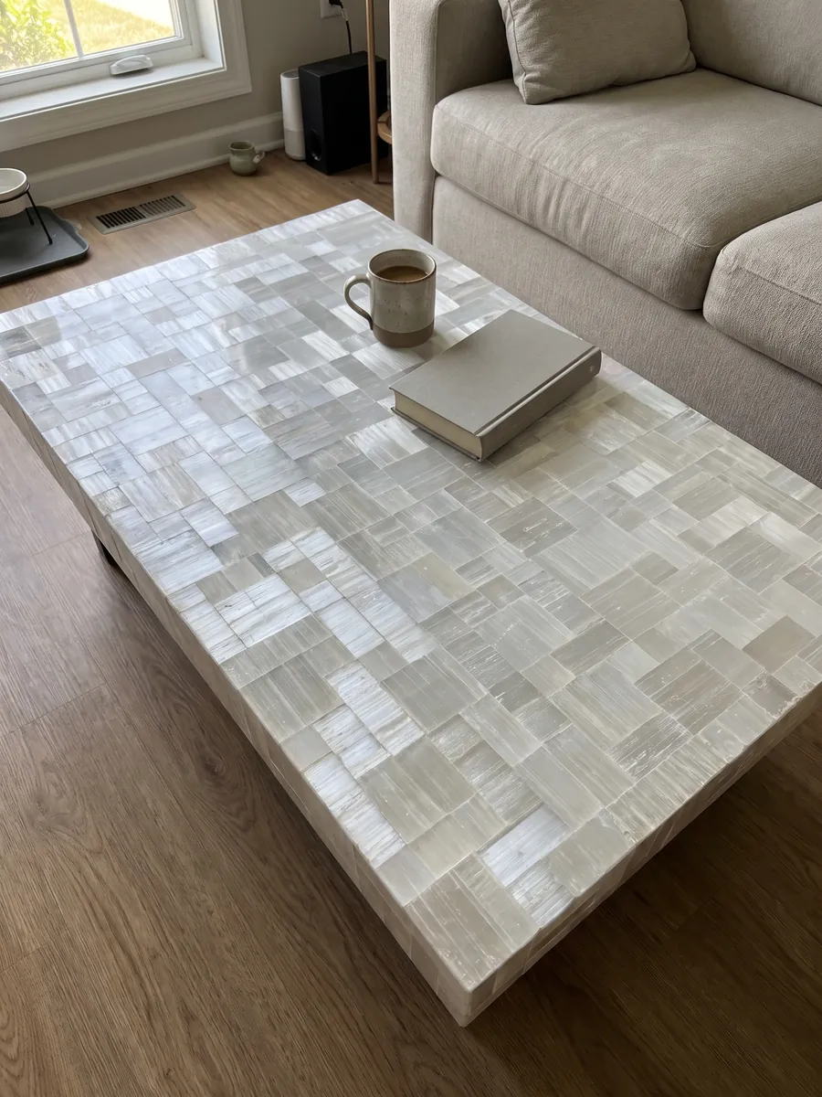 Coffee table with a Selenite top in a living room: rectangular white and gray pieces with fibrous striations and a silky shine