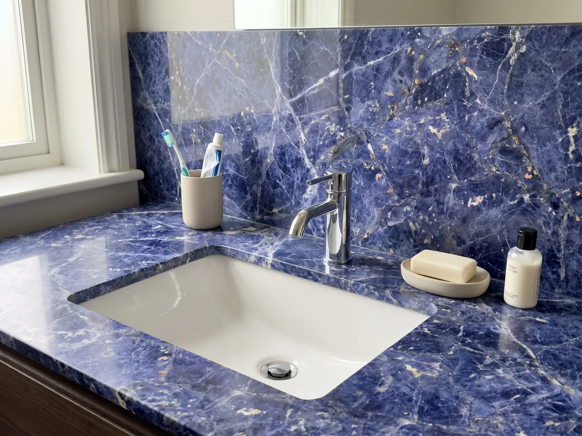 Vanity top and bathroom wall in Sodalite with a white sink and chrome faucet: violet blue with white veins and small orange flecks