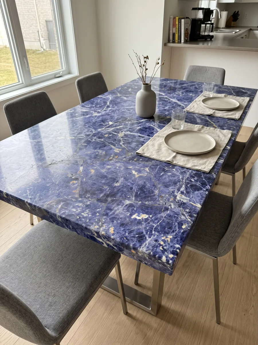 Dining table with a Sodalite top on a steel base: violet blue with white veins and small orange flecks