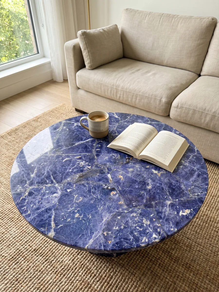 Coffee table with a Sodalite top in a living room: violet blue with white veins and small orange flecks