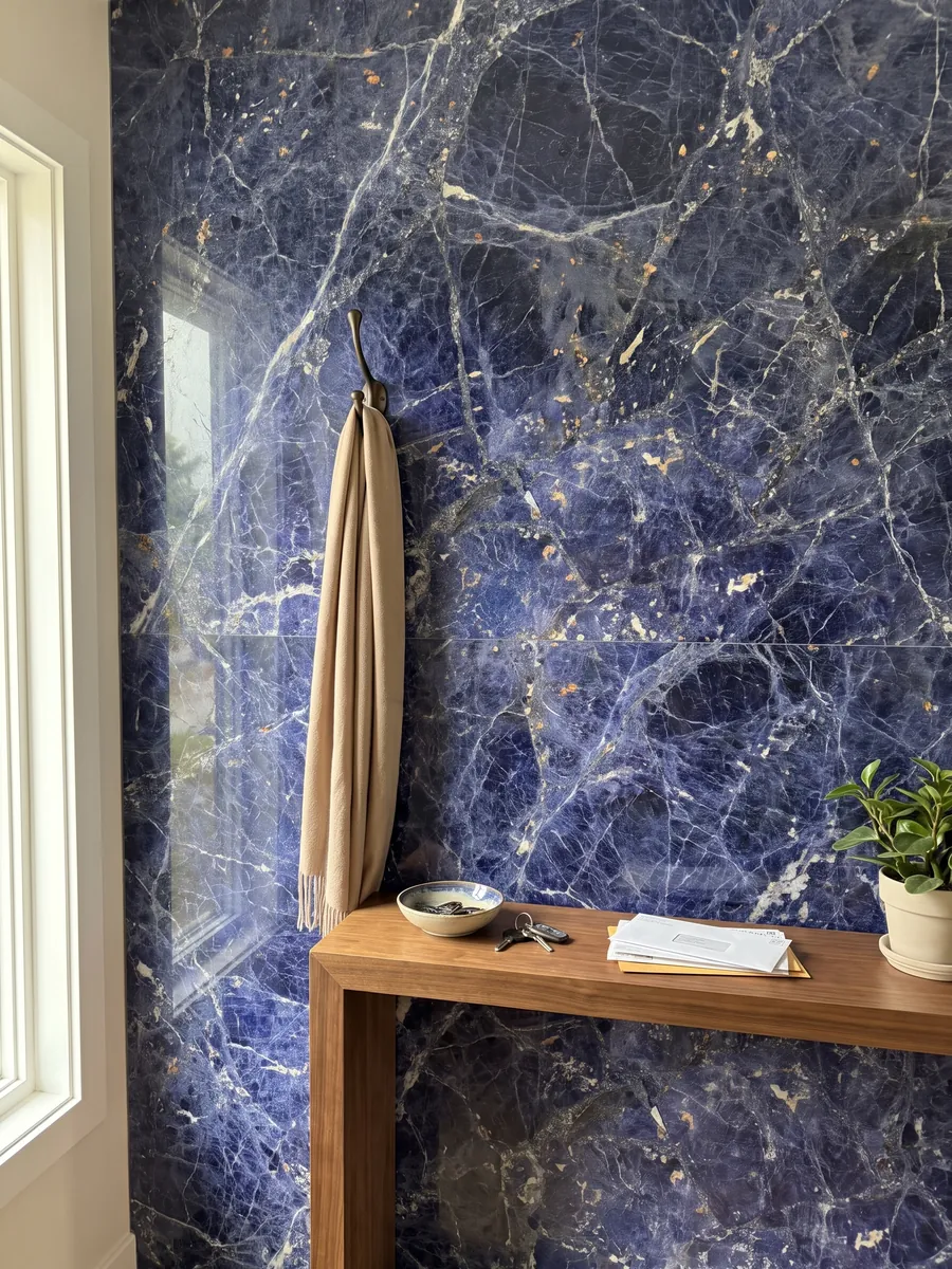 Entryway wall clad in Sodalite with a narrow console: violet blue with white veins and small orange flecks