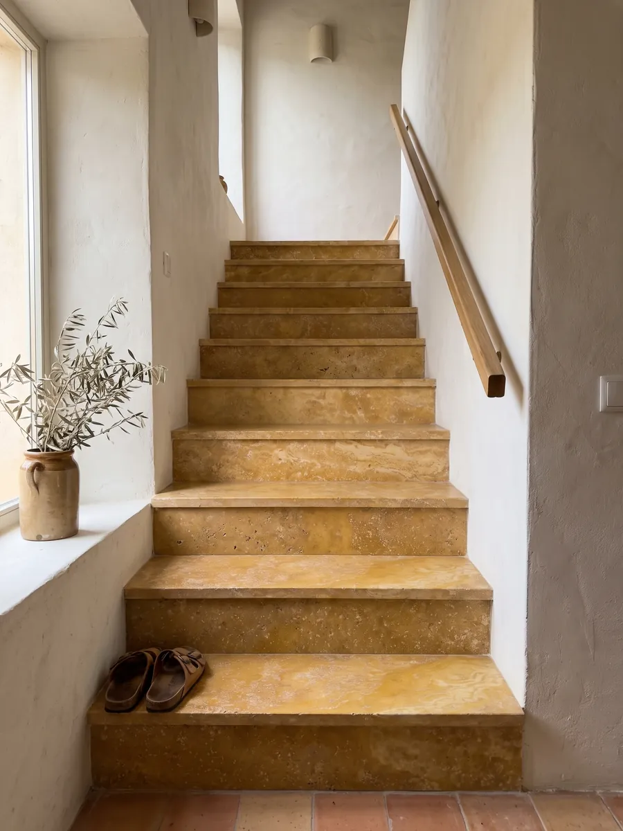 Interior staircase with yellow travertine steps and a handrail: warm golden ochre with small pores and soft clouds of tone