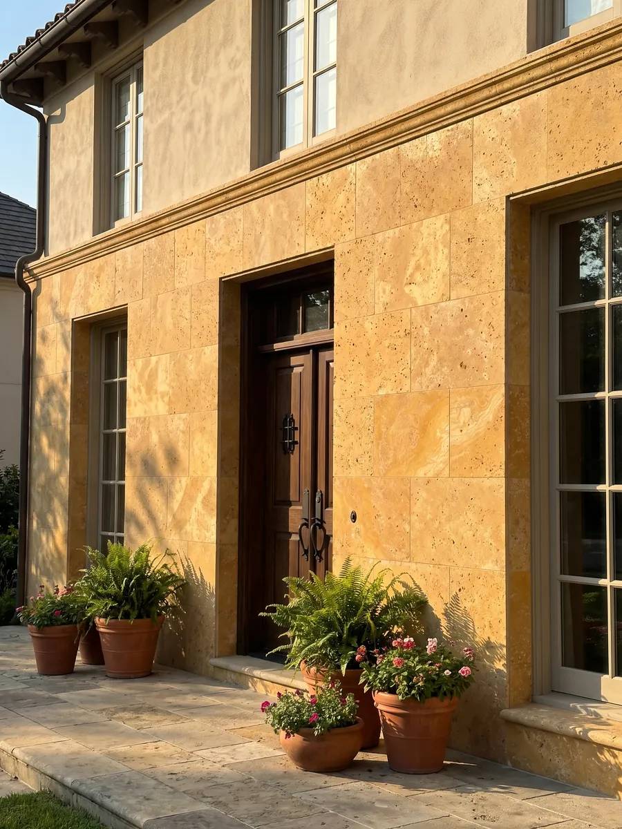 House facade clad in yellow travertine next to a wood door: warm golden ochre with small pores and soft clouds of tone