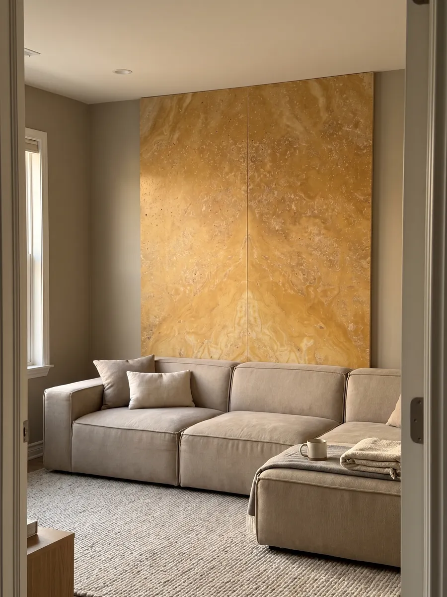 Living room wall clad in bookmatched yellow travertine slabs behind a sofa: warm golden ochre with small pores and soft clouds of tone
