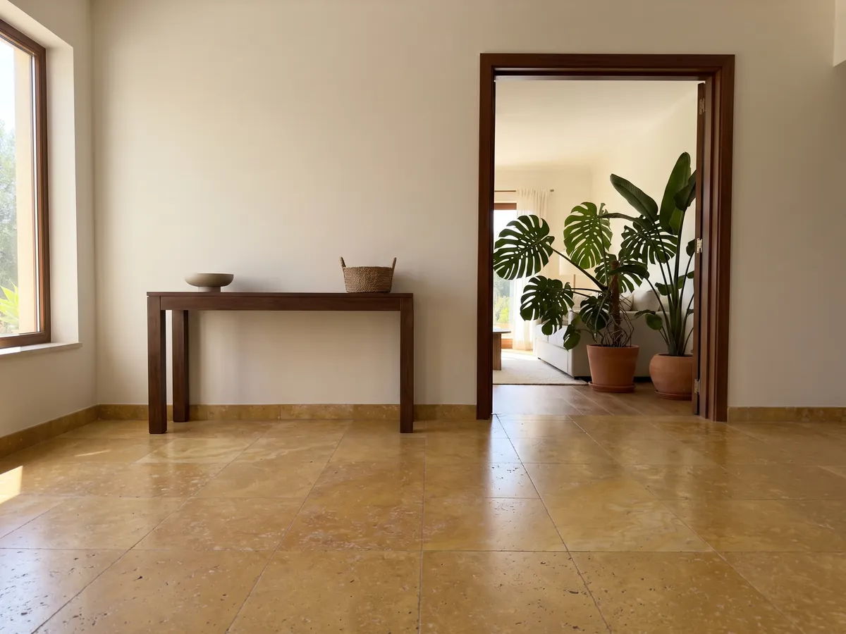 Entryway floor in large yellow travertine slabs with natural light: warm golden ochre with small pores and soft clouds of tone
