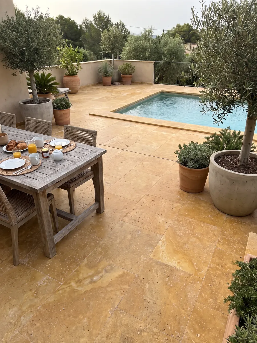 Terrace floor and pool coping in yellow travertine with planters: warm golden ochre with small pores and soft clouds of tone