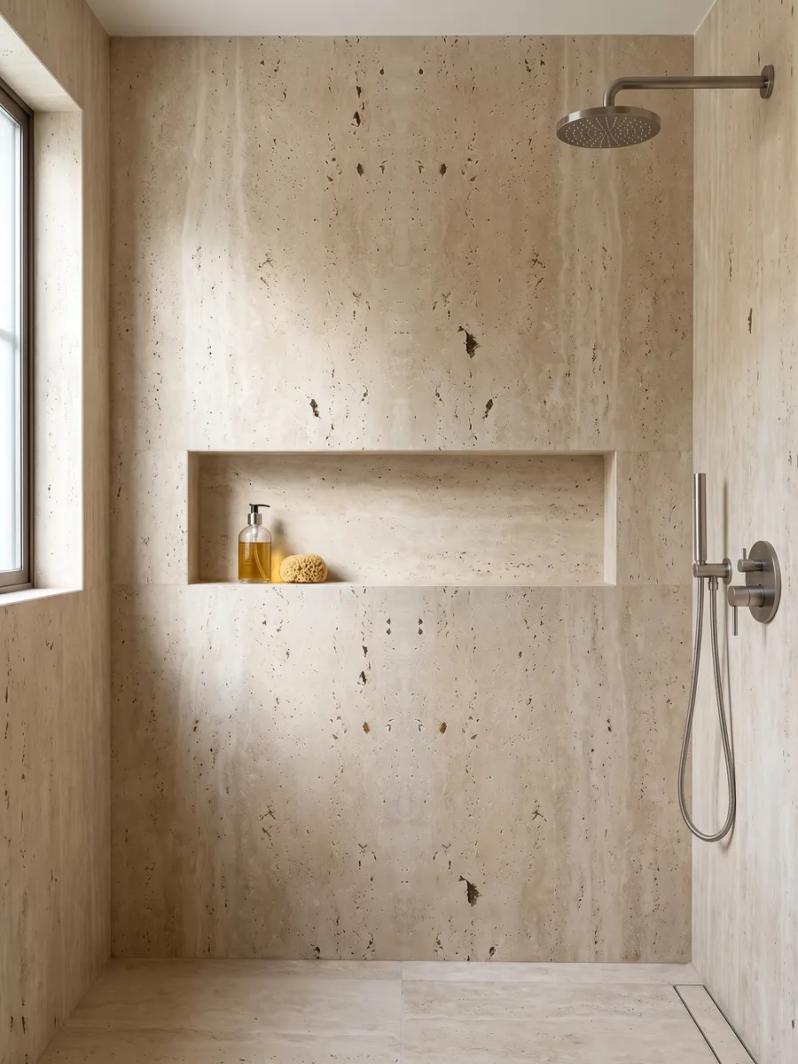 Shower clad in full beige Classic travertine slabs with a recessed niche: beige with dark holes aligned vertically; the pattern looks symmetrical, as in a mirror