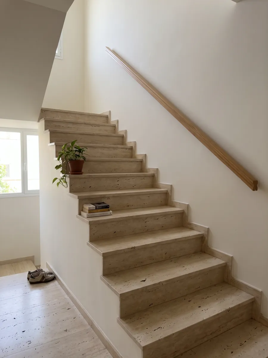 Indoor staircase with beige Classic travertine steps and a handrail: beige with dark holes aligned vertically; the pattern looks symmetrical, as in a mirror
