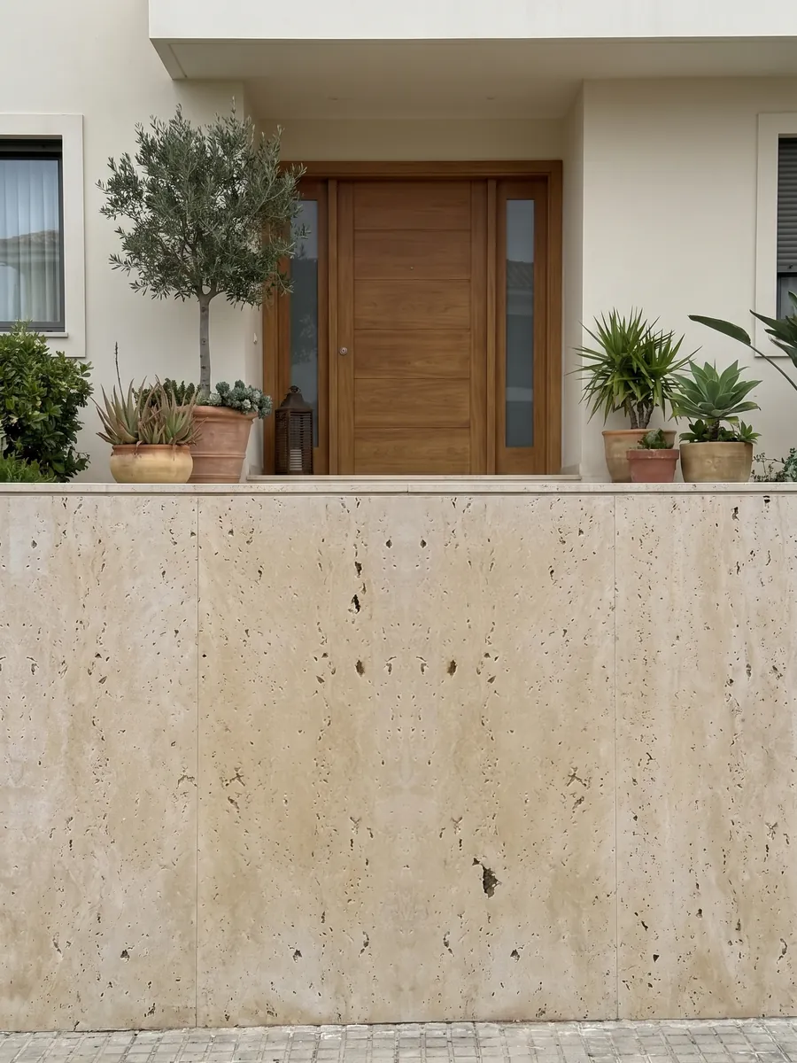 House facade clad in beige Classic travertine beside a wood door: beige with dark holes aligned vertically; the pattern looks symmetrical, as in a mirror