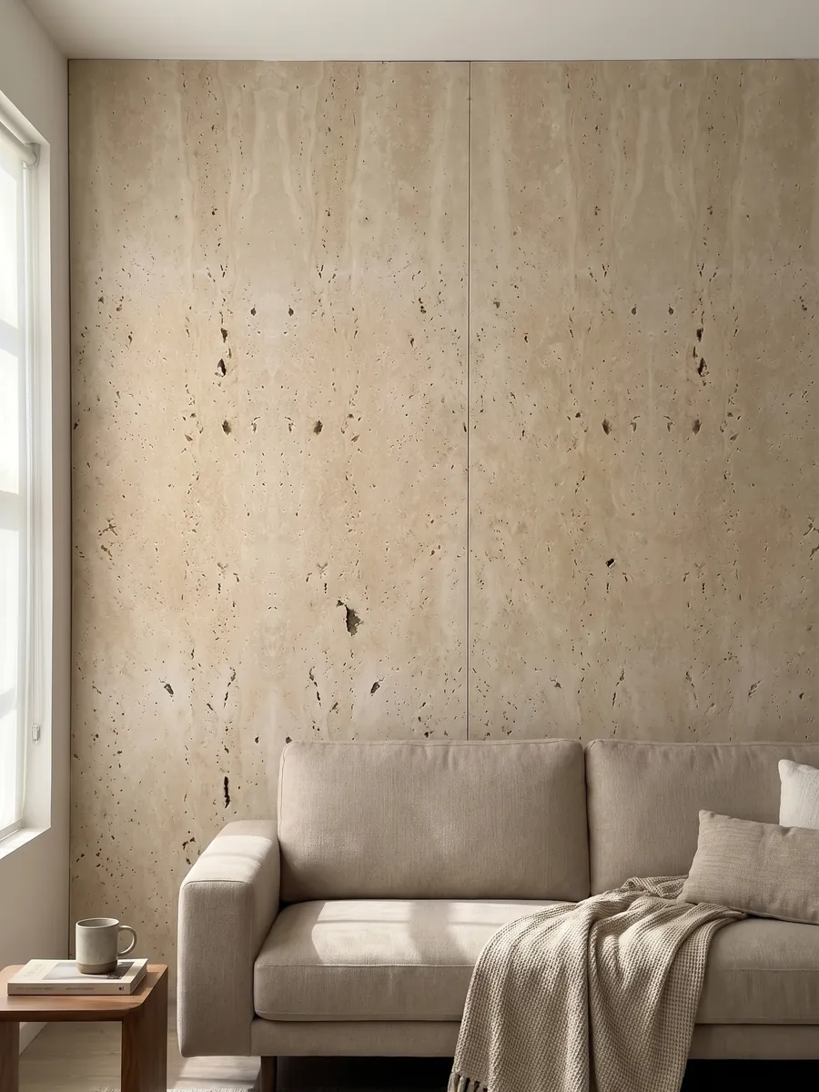 Living room wall clad in bookmatched beige Classic travertine slabs behind a sofa: beige with dark holes aligned vertically; the pattern looks symmetrical, as in a mirror