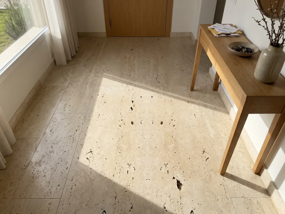 Entryway floor in large beige Classic travertine slabs in natural light: beige with dark holes aligned vertically; the pattern looks symmetrical, as in a mirror