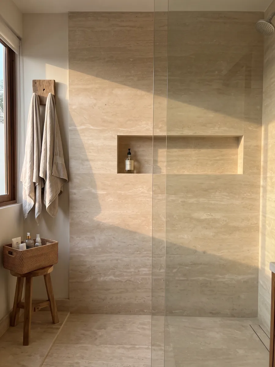 Shower clad in full beige Navona travertine slabs with a recessed niche: light beige with faint horizontal bands