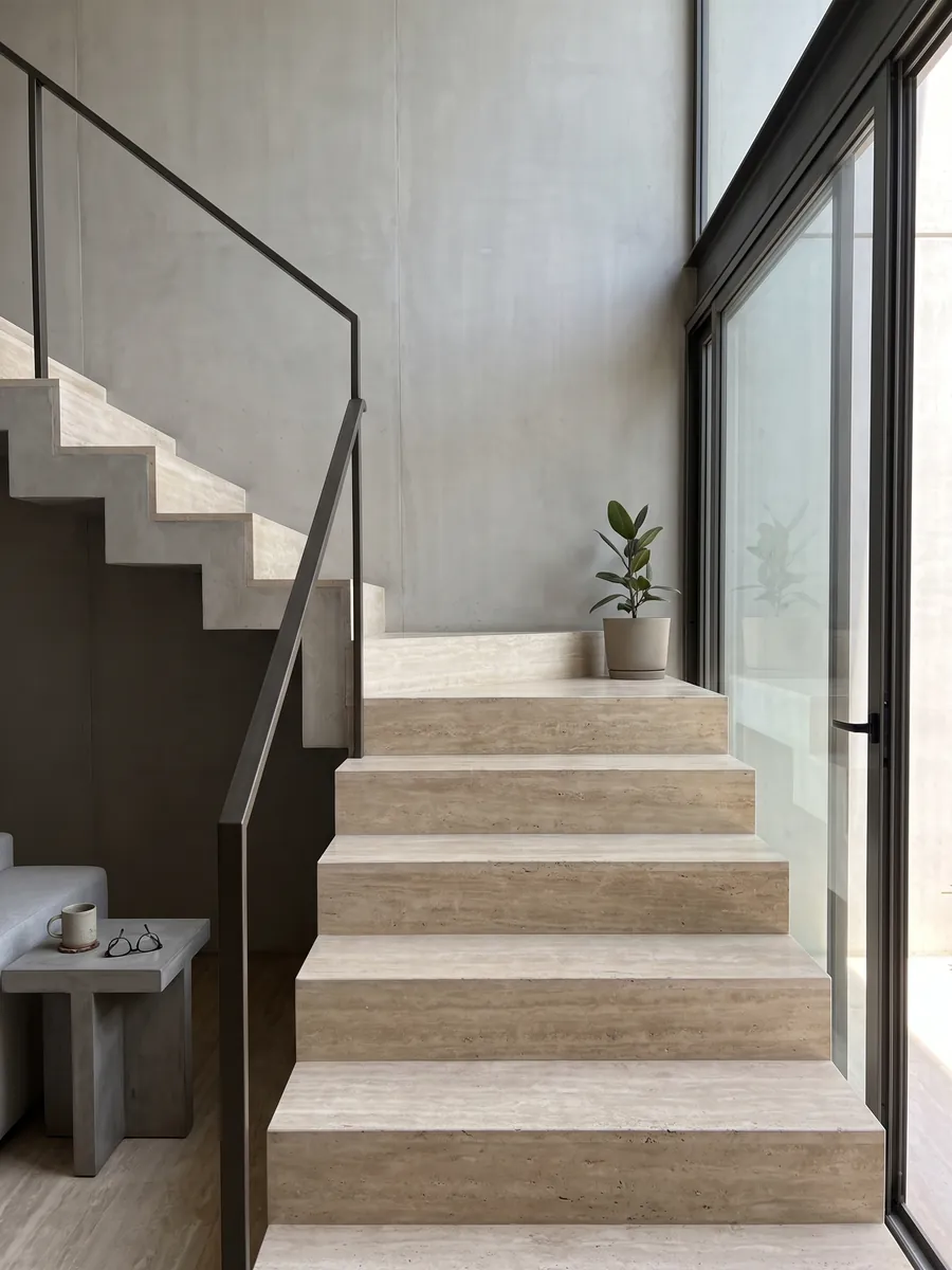 Indoor staircase with beige Navona travertine steps and a handrail: light beige with faint horizontal bands