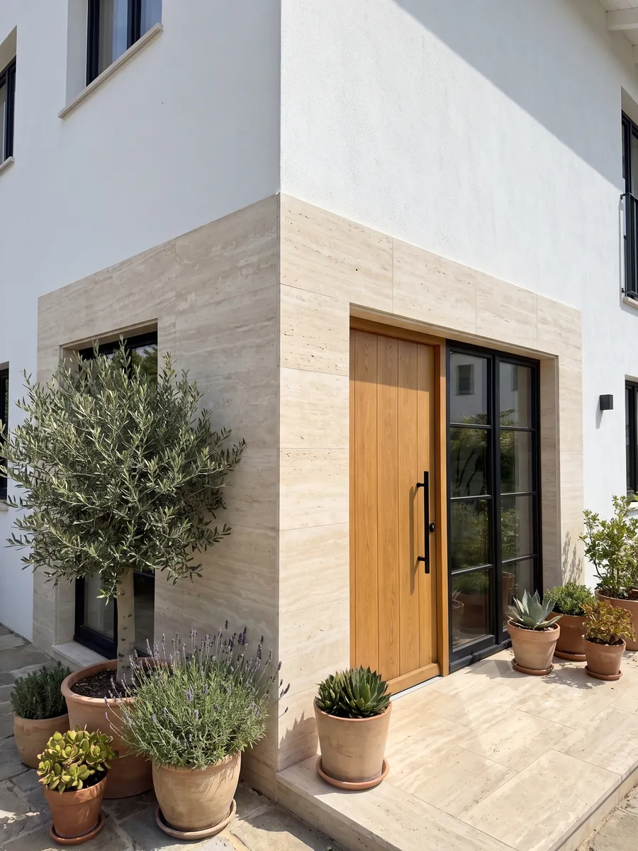 House facade clad in beige Navona travertine beside a wood door: light beige with faint horizontal bands