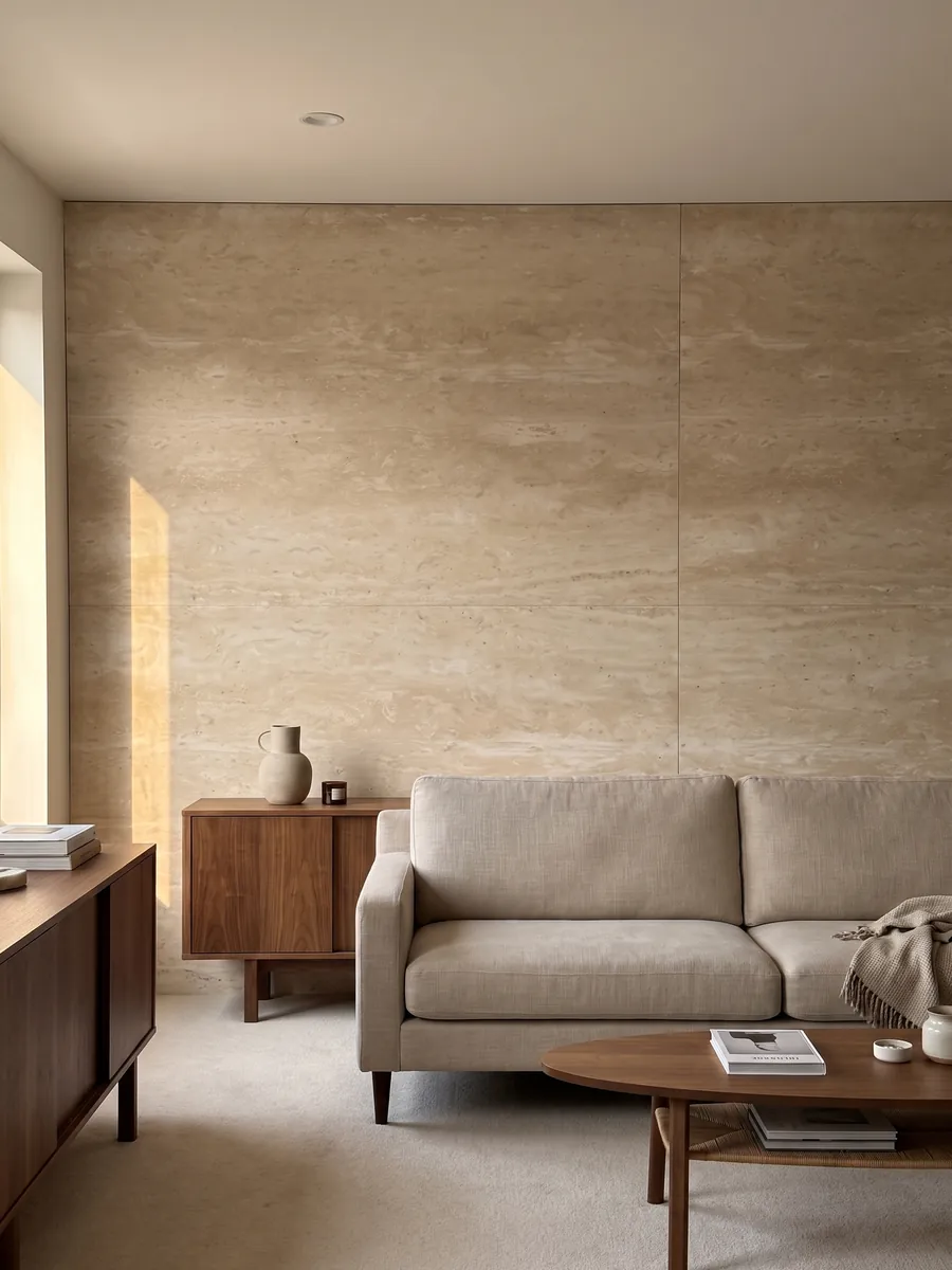 Living room wall clad in bookmatched beige Navona travertine slabs behind a sofa: light beige with faint horizontal bands