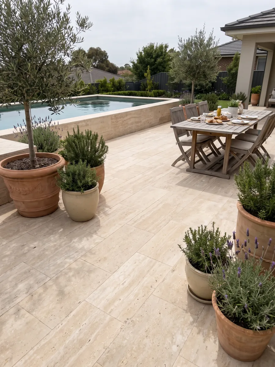Terrace floor and pool coping in beige Navona travertine with planters: light beige with faint horizontal bands