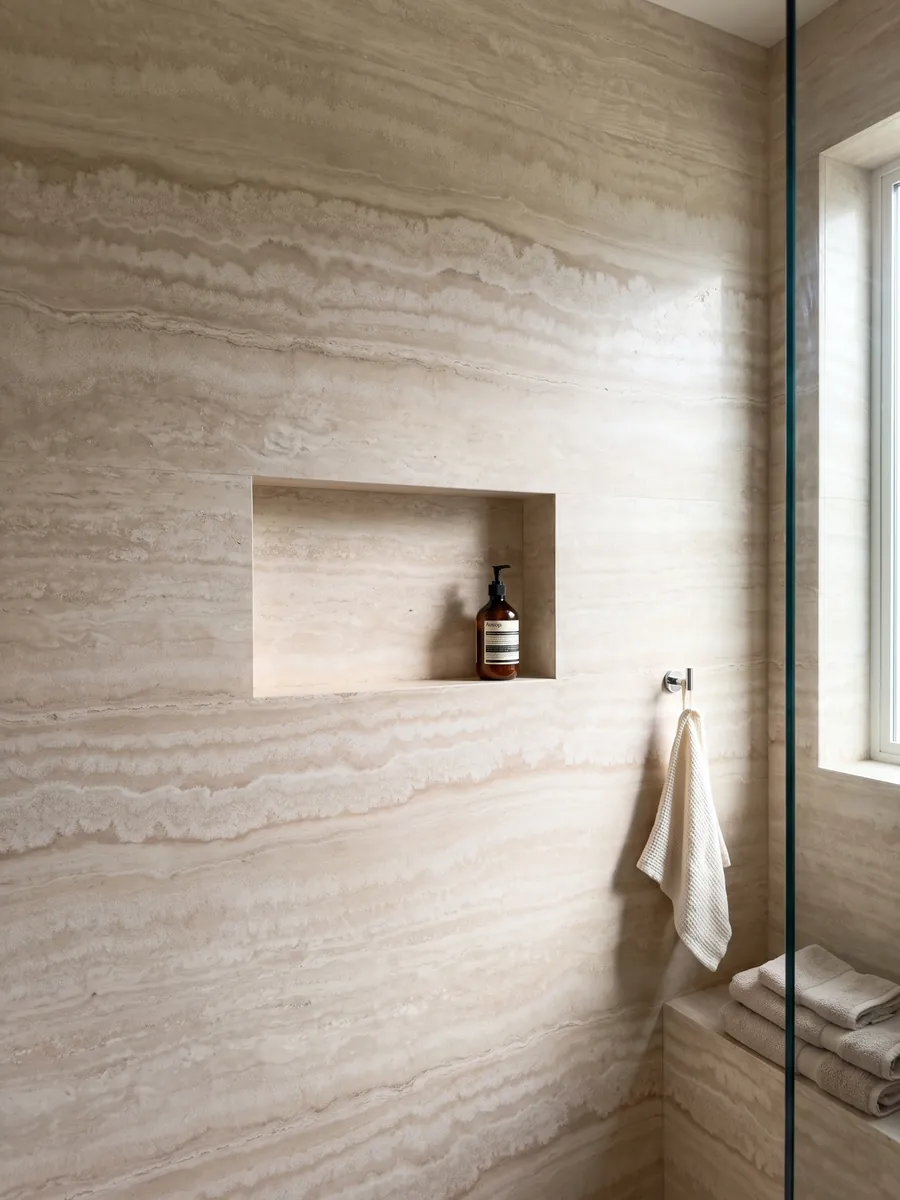 Shower clad in full beige Paglierino travertine slabs with a recessed niche: cream with wavy horizontal bands in very close tones