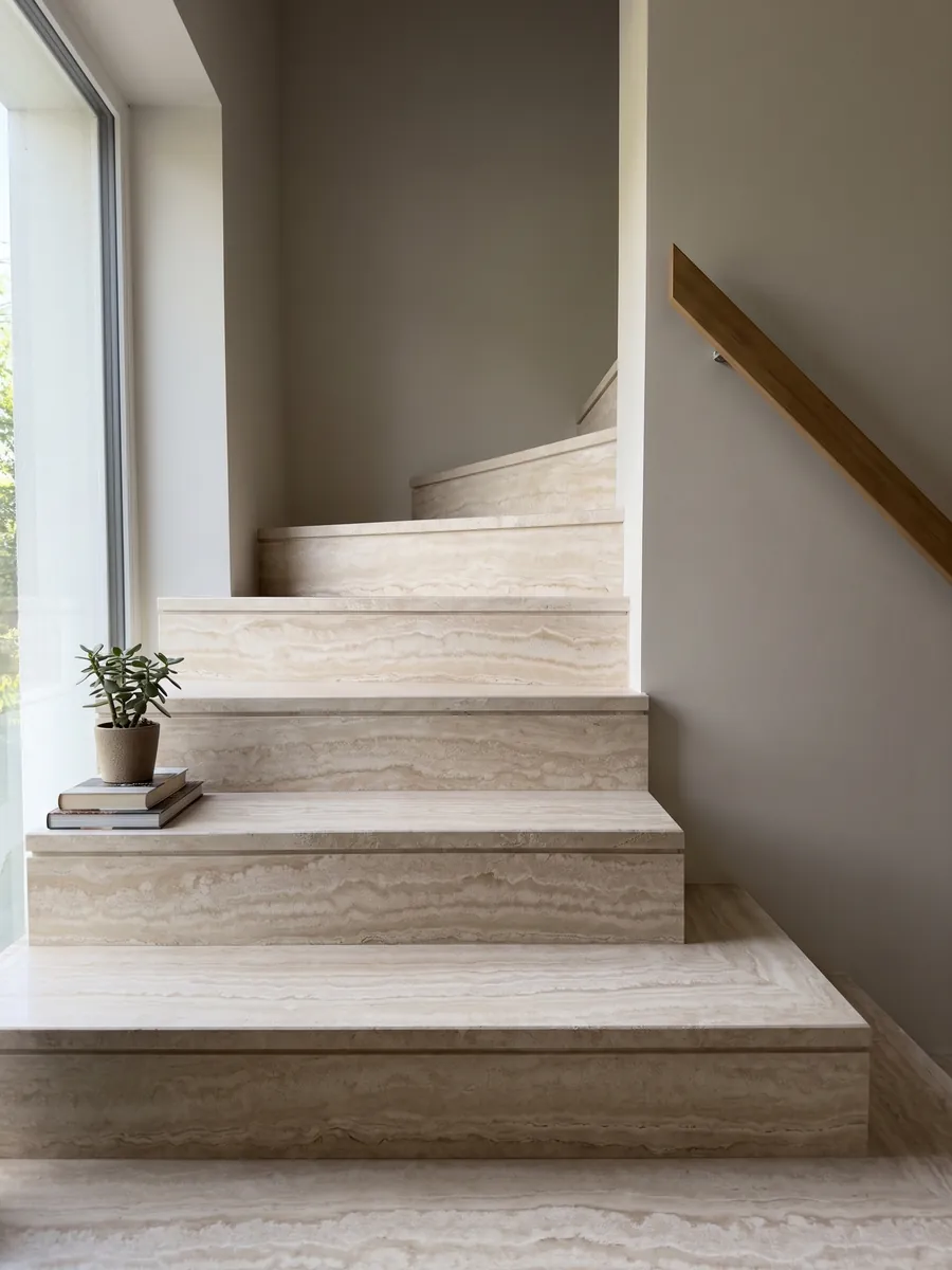 Interior staircase with beige Paglierino travertine steps and a handrail: cream with wavy horizontal bands in very close tones