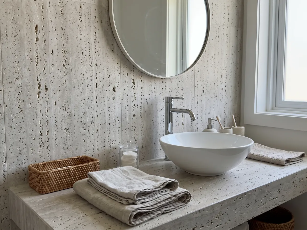 Vanity top and bathroom wall in beige Roman travertine with a white sink and chrome fixtures: light grayish beige with many open holes of different sizes