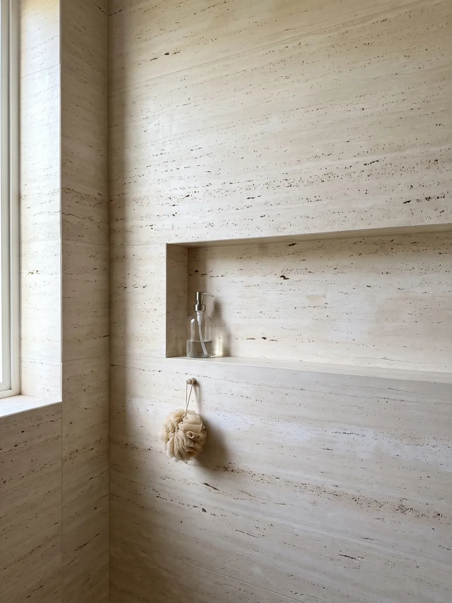 Shower clad in full beige light Roman travertine slabs with a recessed niche: pale cream with fine horizontal lines and small aligned pores