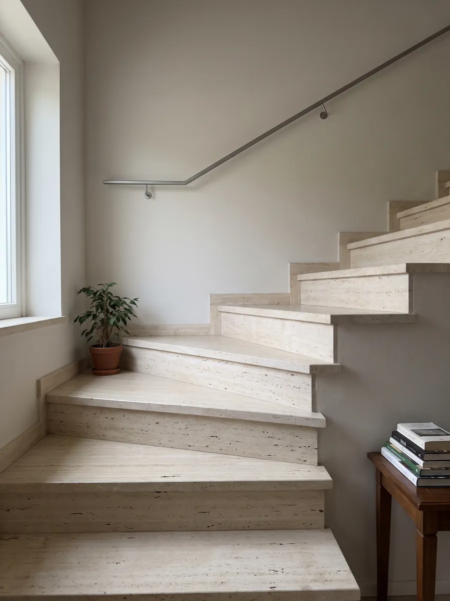 Indoor staircase with beige light Roman travertine treads and a handrail: pale cream with fine horizontal lines and small aligned pores