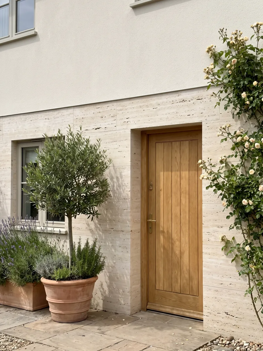 House facade clad in beige light Roman travertine next to a wooden door: pale cream with fine horizontal lines and small aligned pores