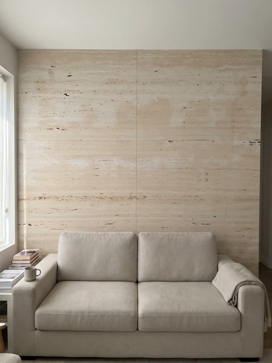 Living room wall clad in bookmatched beige light Roman travertine slabs behind a sofa: pale cream with fine horizontal lines and small aligned pores