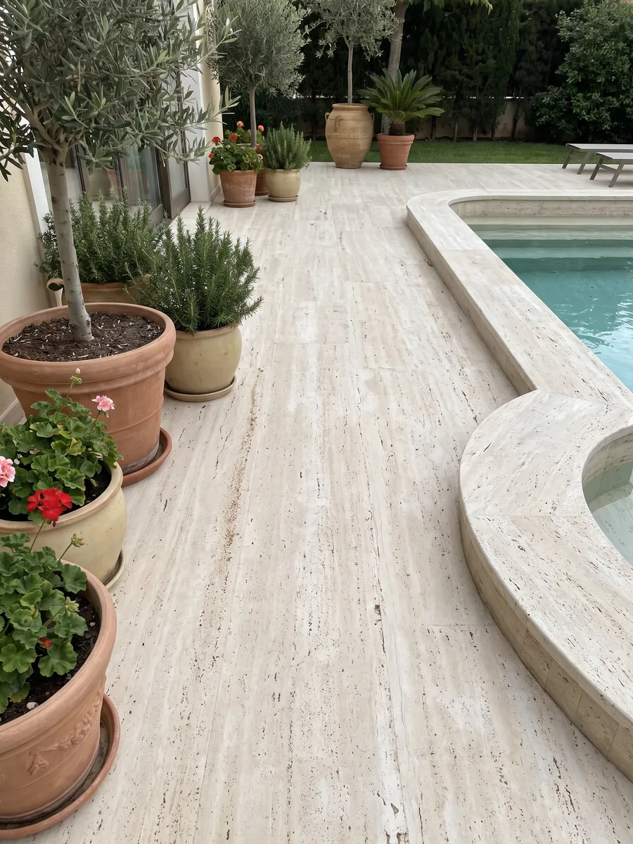 Terrace floor and pool coping in light beige Roman travertine with planters: light cream with fine horizontal lines and small aligned pores