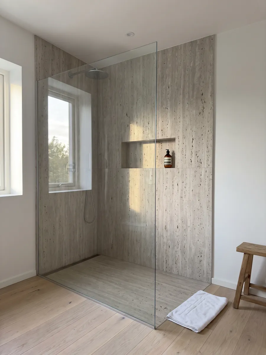 Shower clad in full beige Roman travertine slabs with a recessed niche: light grayish beige with many open holes of different sizes