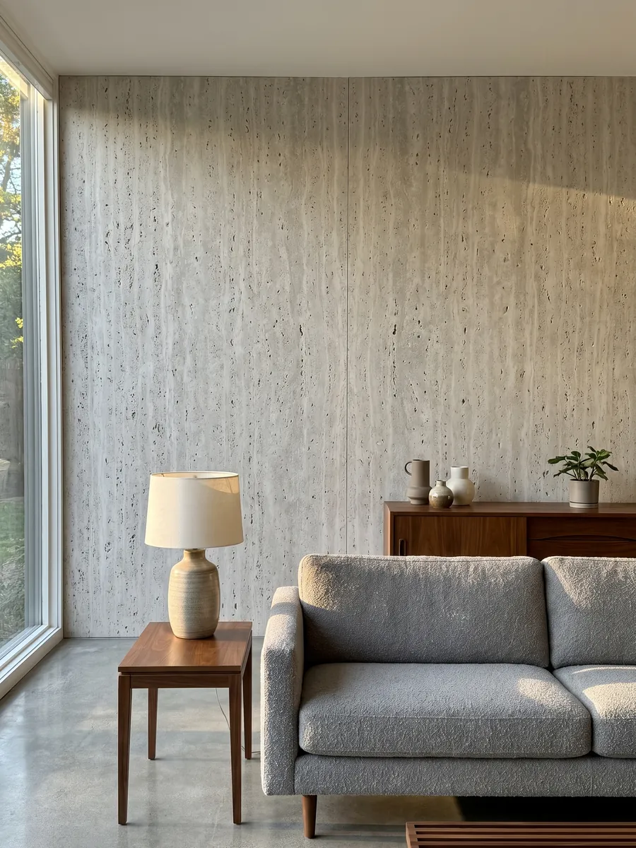 Living room wall clad in bookmatched beige Roman travertine slabs behind a sofa: light grayish beige with many open holes of different sizes