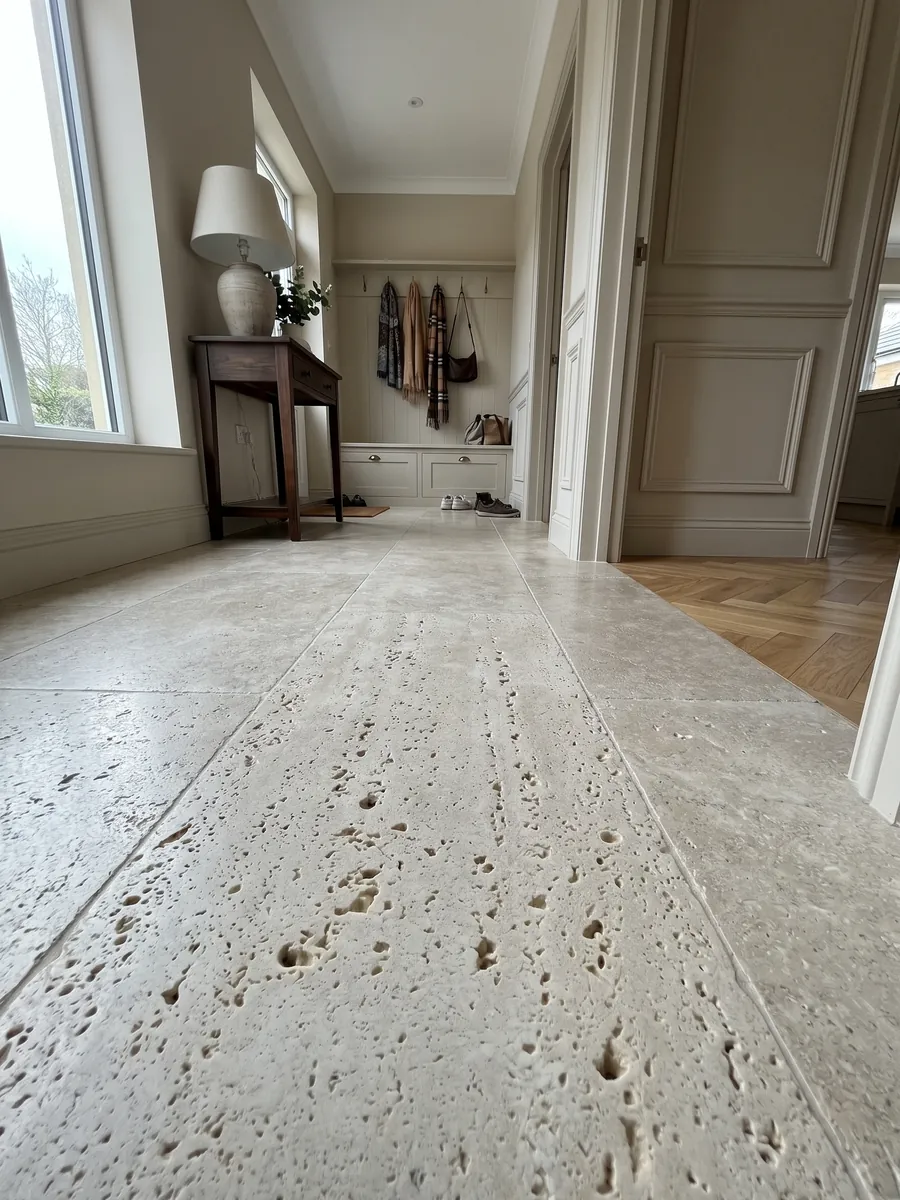 Entryway floor in large beige Roman travertine tiles with natural light: light grayish beige with many open holes of different sizes