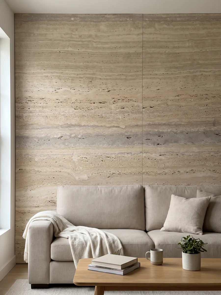 Living room wall clad in bookmatched beige Striato travertine slabs behind a sofa: beige with fine horizontal stripes and a wider gray band here and there