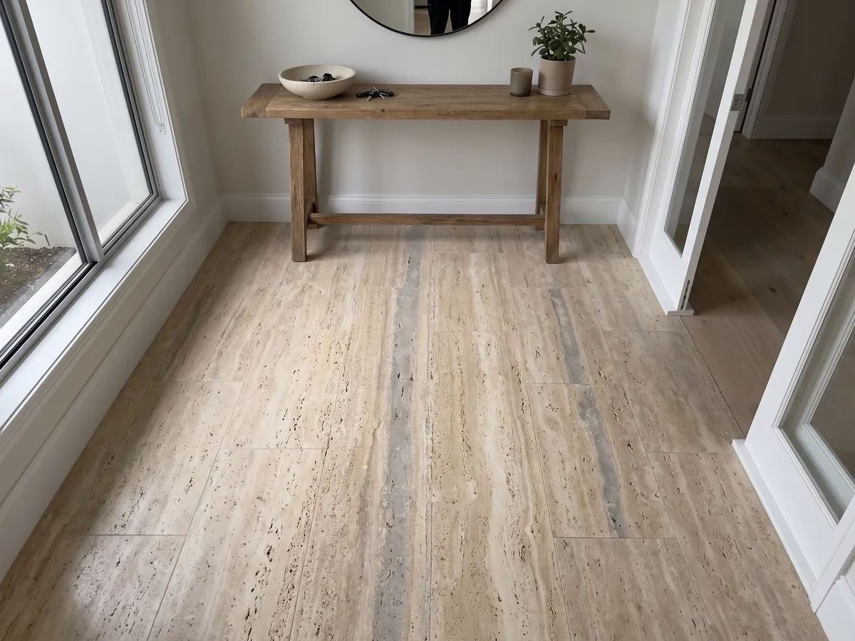 Entryway floor in large beige Striato travertine slabs with natural light: beige with fine horizontal stripes and a wider gray band here and there