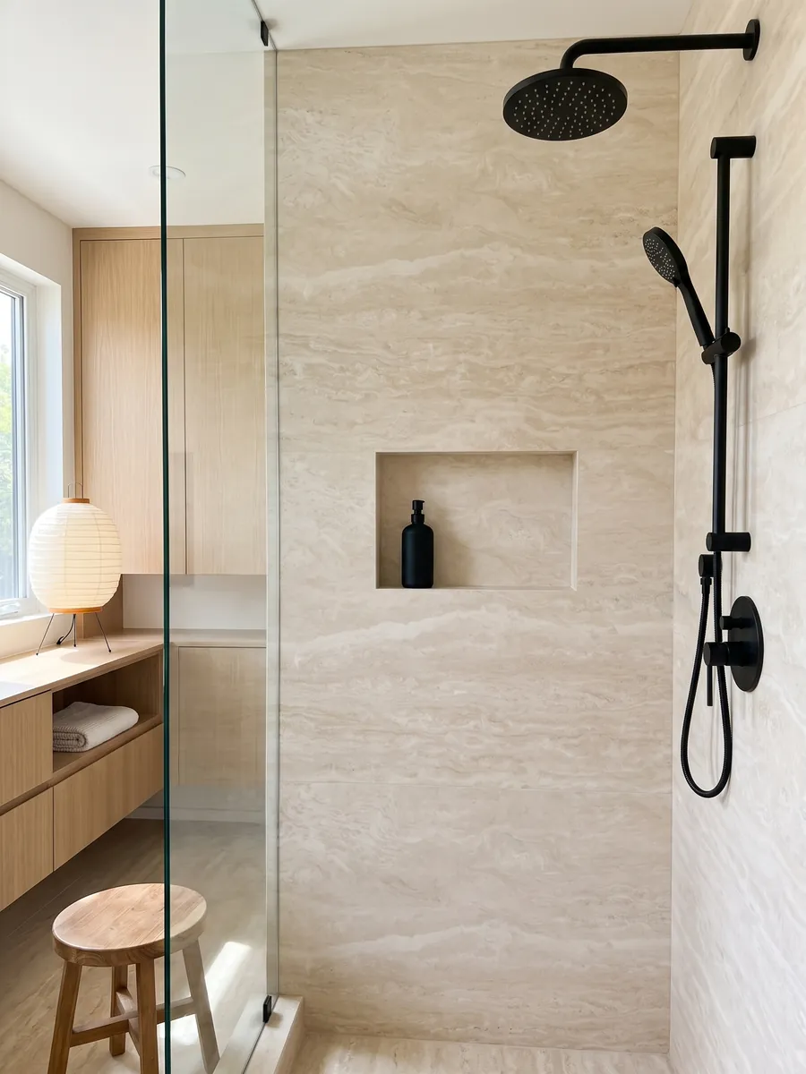Shower clad in full White Travertine slabs with a recessed niche: very uniform ivory cream, with soft waves barely visible