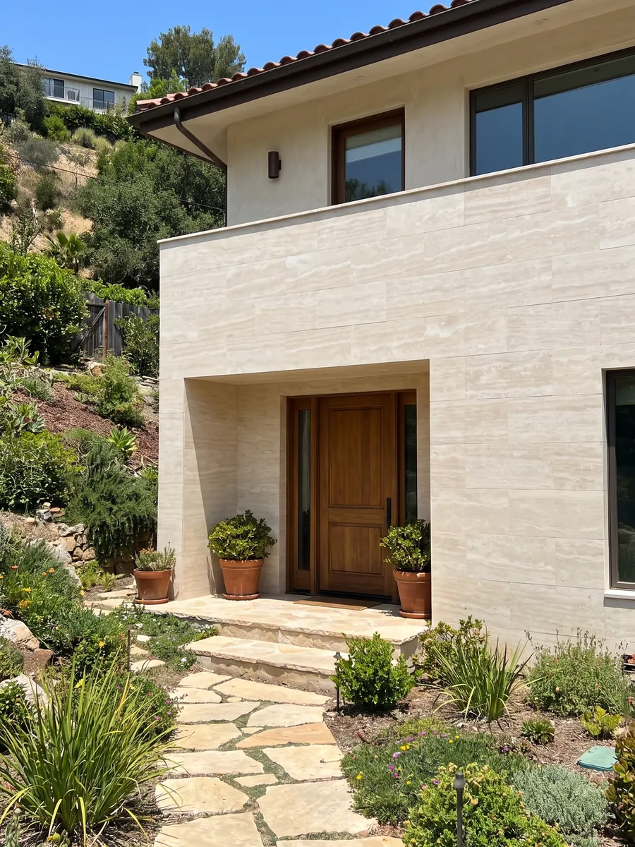 House facade clad in White Travertine beside a wood door: very uniform ivory cream, with soft waves barely visible