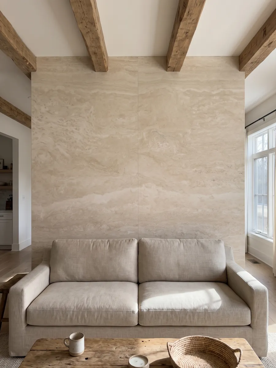 Living room wall clad in bookmatched White Travertine slabs behind a sofa: very uniform ivory cream, with soft waves barely visible