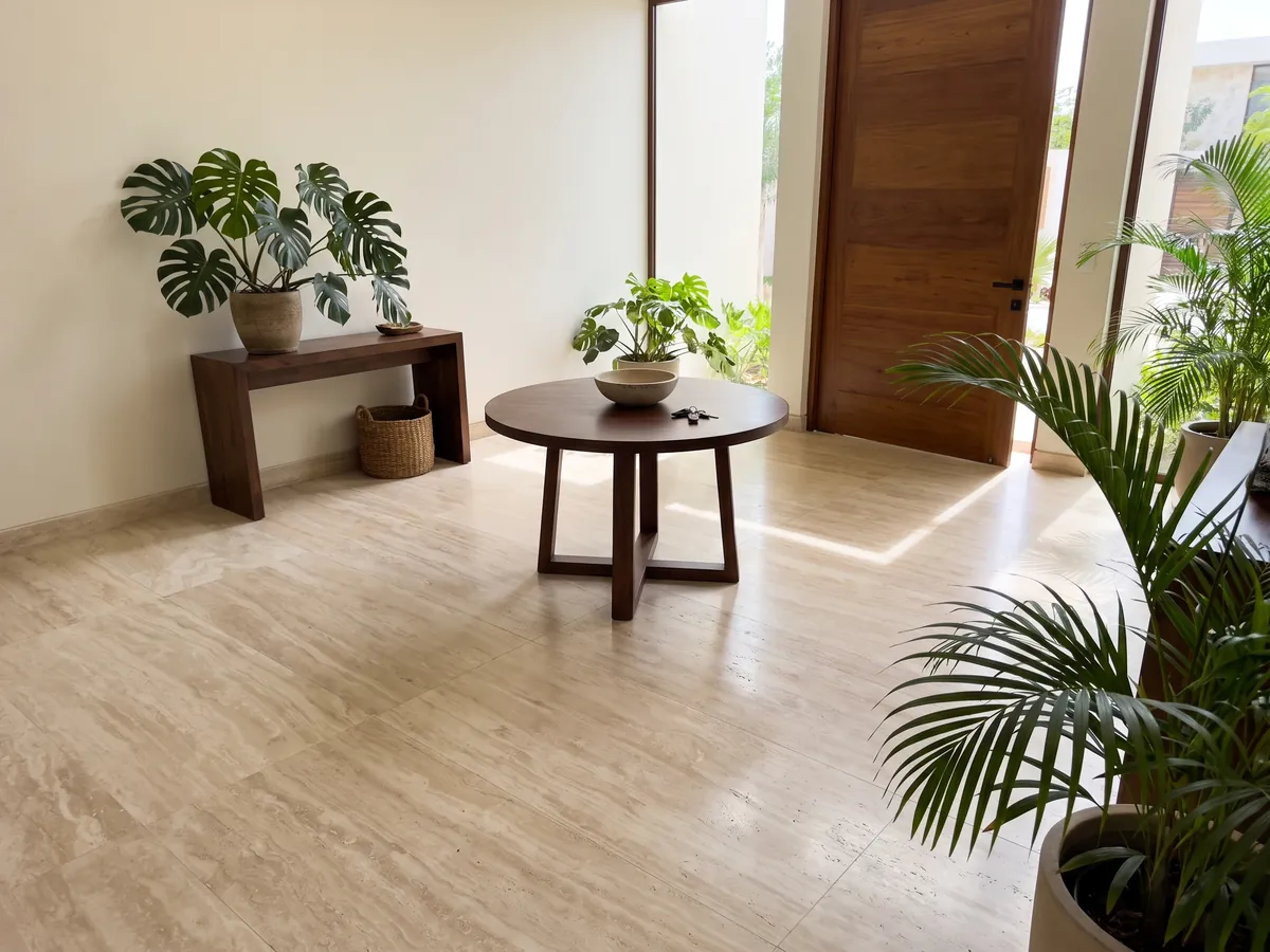 Entryway floor in large white travertine slabs with natural light: very even creamy ivory with soft waves barely visible