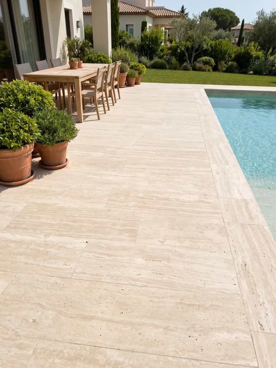 Terrace floor and pool coping in White Travertine with planters: very uniform ivory cream, with soft waves barely visible