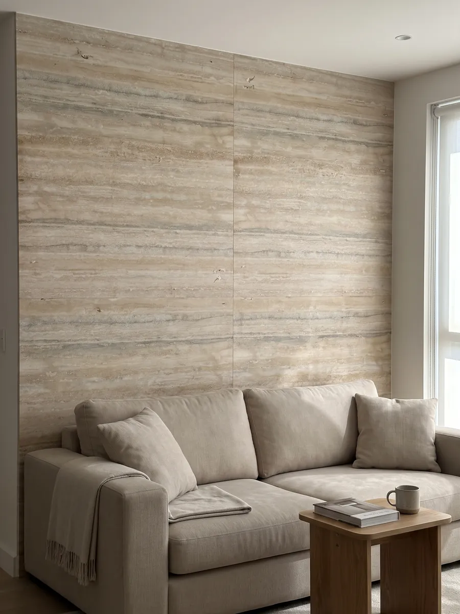 Living room wall clad in bookmatched gray Ocean Silver travertine slabs behind a sofa: fine beige and gray horizontal stripes with some pores