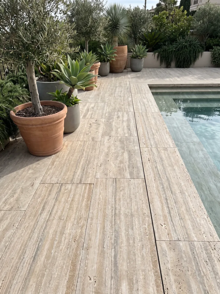 Terrace floor and pool coping in gray Ocean Silver travertine with planters: fine beige and gray horizontal stripes with some pores