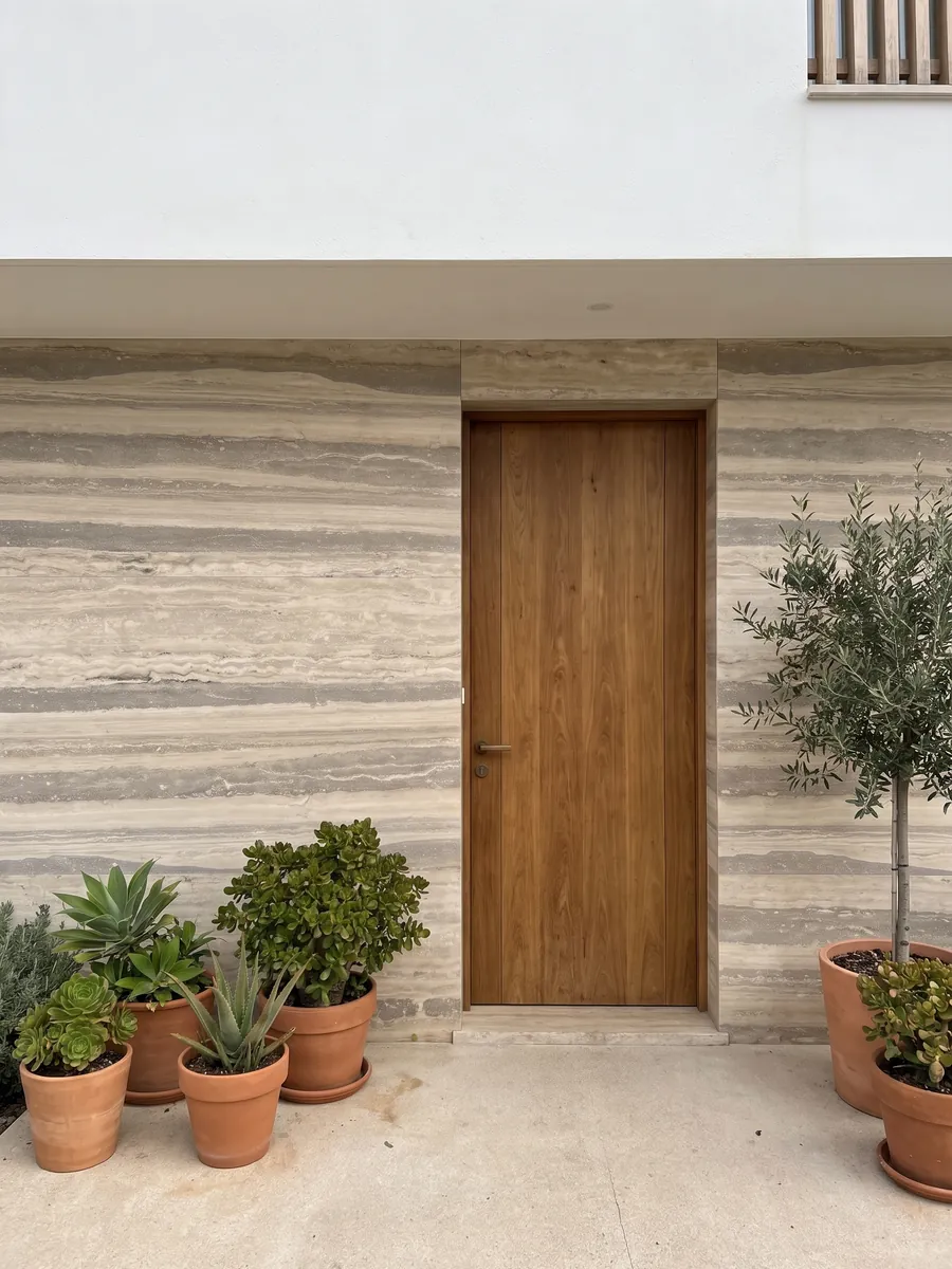 House facade clad in gray Silver travertine next to a wooden door: wide horizontal bands in gray and light beige, orderly and parallel