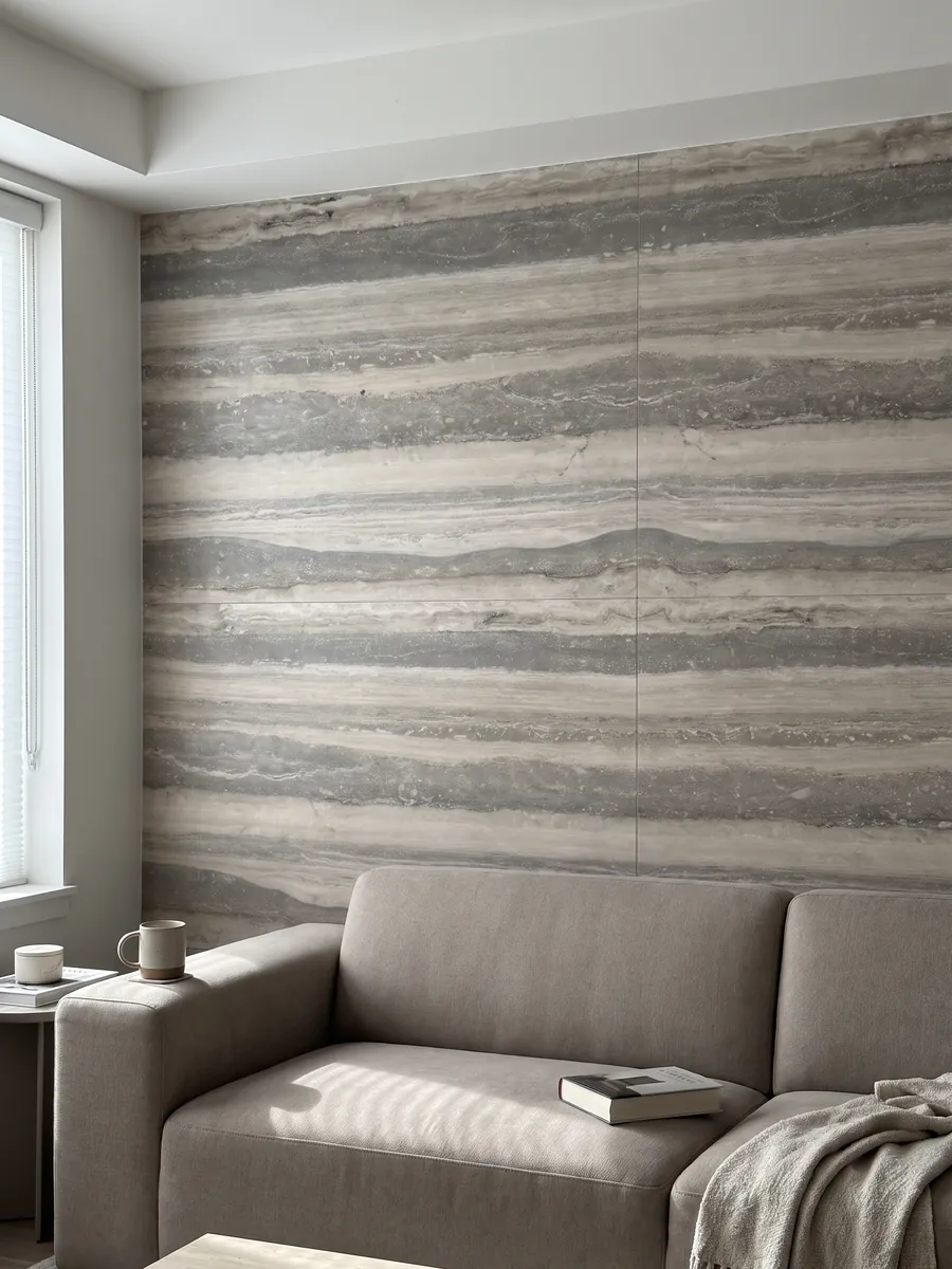 Living room wall clad in bookmatched gray Silver travertine slabs behind a sofa: wide horizontal bands in gray and light beige, orderly and parallel