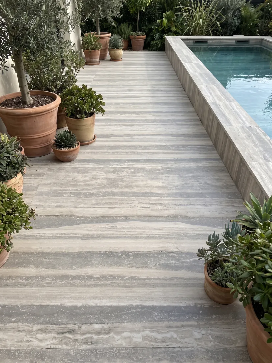 Terrace floor and pool coping in gray Silver travertine with planters: wide horizontal bands in gray and light beige, orderly and parallel