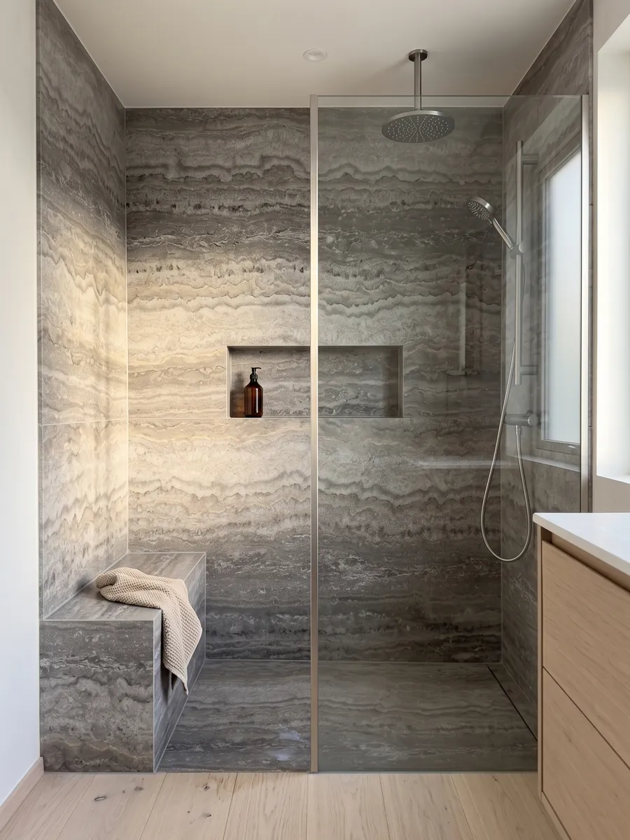 Shower clad in full gray Titanium travertine slabs with a recessed niche: gray with wavy horizontal bands that move from light to dark