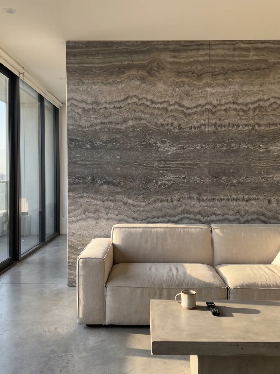 Living room wall clad in bookmatched gray Titanium travertine slabs behind a sofa: gray with wavy horizontal bands that move from light to dark